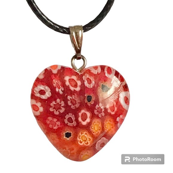 Orange Murano Glass Heart Necklace Millefiori Flowers Vintage Black Cord 18" - Picture 1 of 12
